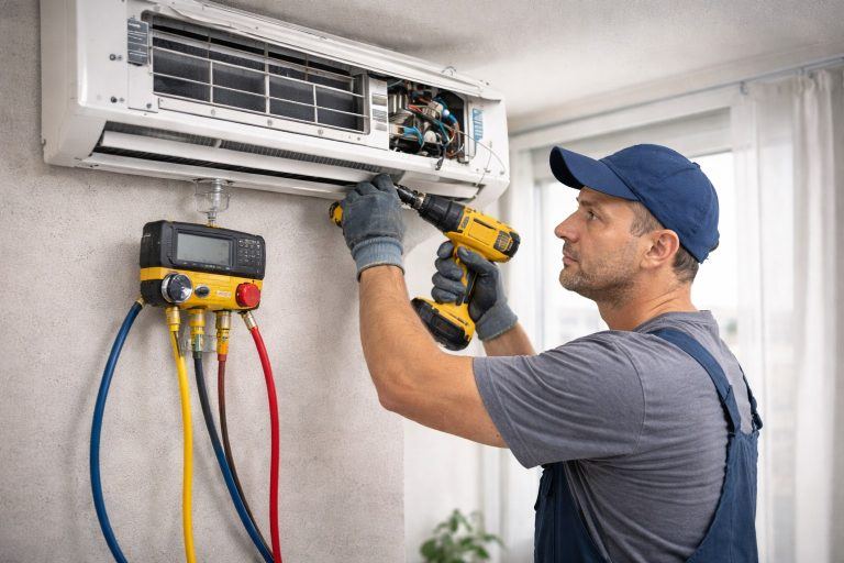 Technician servicing a split air conditioner unit in Karachi