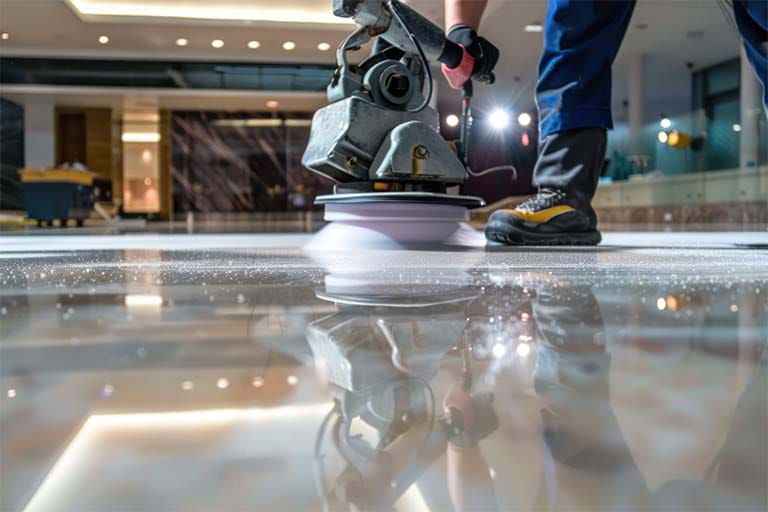 Marble floor being polished with a floor polishing machine in a Karachi home